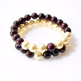 Red Garnett and Cream Shell Pearls Double Strands Bracelets - FashionByTeresa